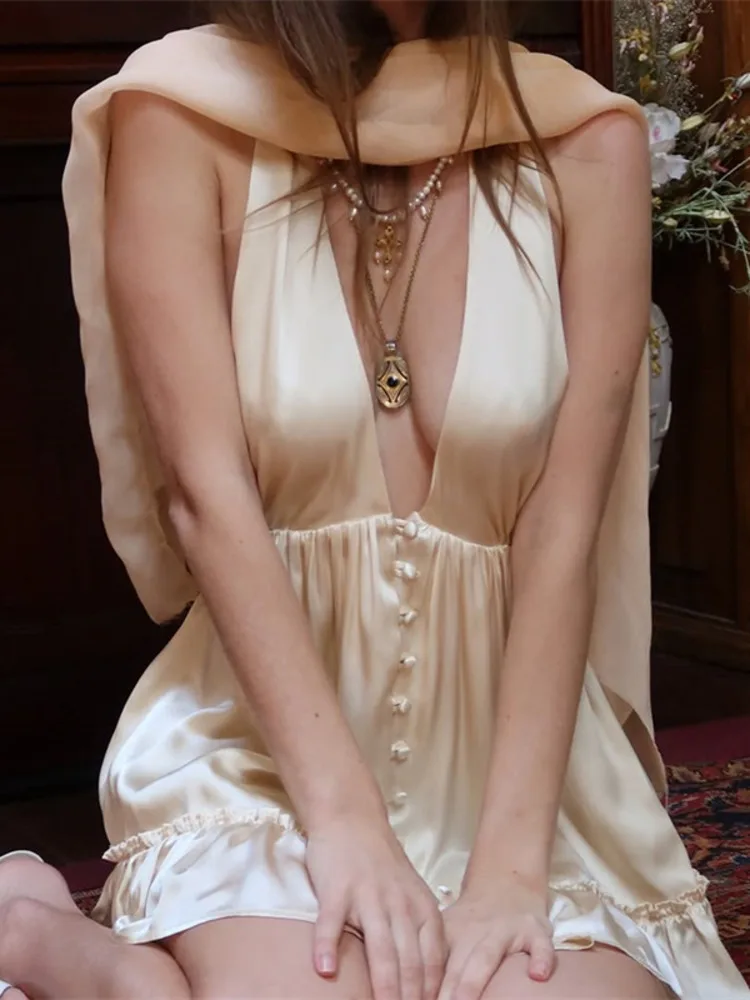 Mozision Satin Backless Sexy Mini Dress For Women Fashion Solid Halter V Neck Sleeveless High Waist Aline Club Party Dresses