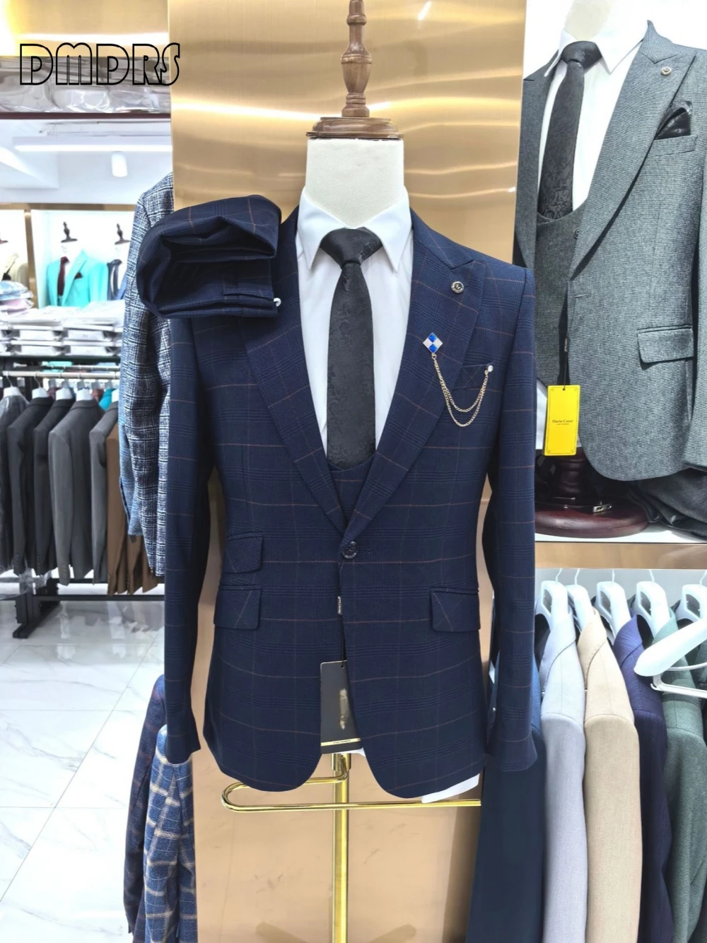 Fato xadrez para festa de casamento masculino, bonito vestido do noivo, blazer, calça, colete, azul marinho, elegante, qualidade superior, moda, venda quente, conjunto de 3 peças