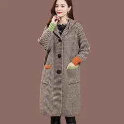 Fat mm Knitted Cardigan Medium length Women 2023 Autumn/Winter New Thick Thread Coat Female Hooded Overlay Sweater Coat Outwear