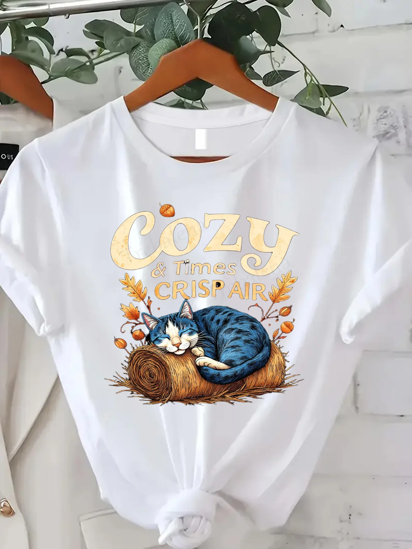 Comfortable Women's Print T-shirt Cozy Cat Autumn T-Shirt | Fall Crisp Air & Times Design