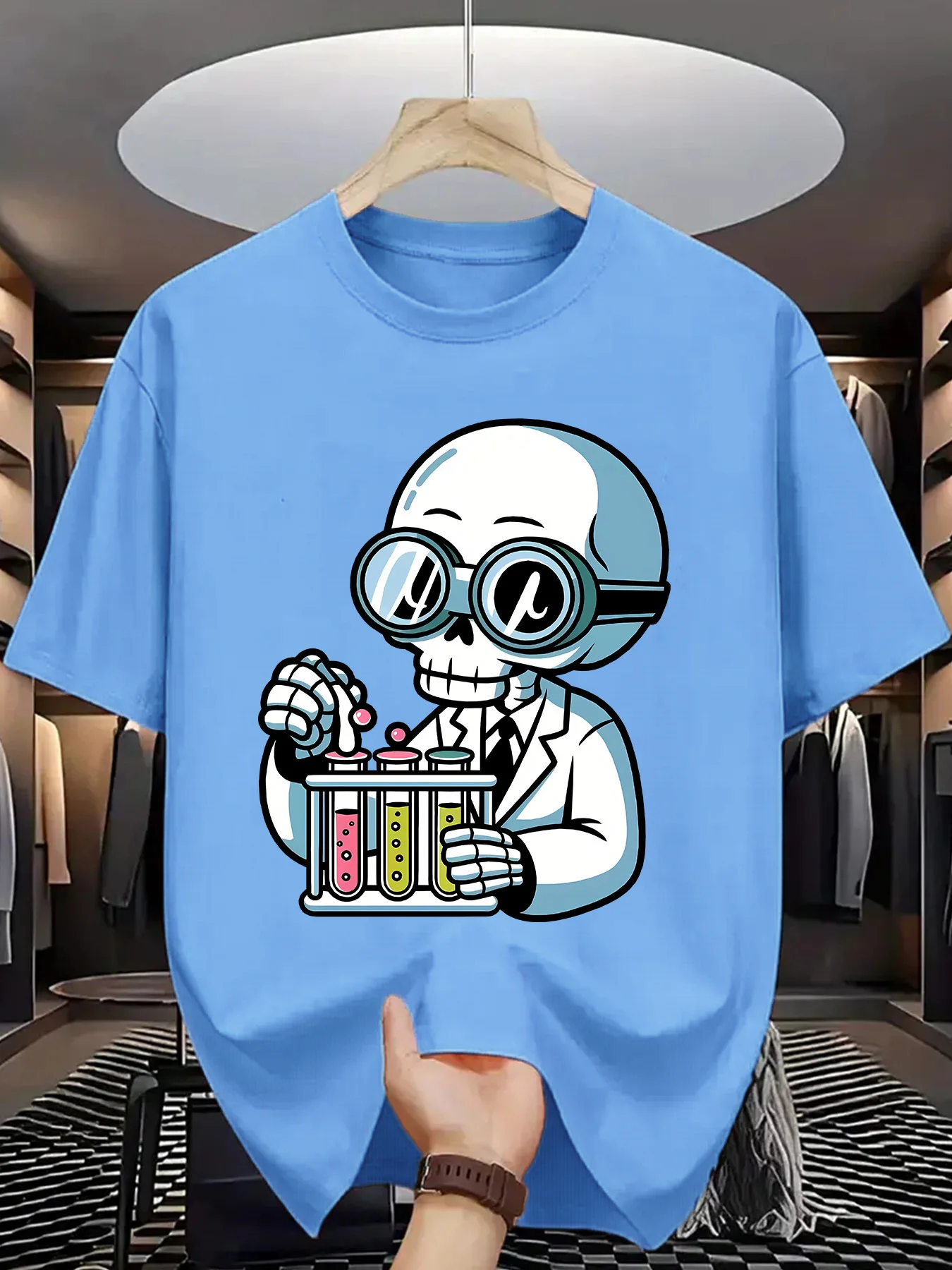 Skeleton Scientist Mens Crew Neck T Shirt Cartoon Chemist Test Tube Goggles Lab Graphic Short Sleeve Casual Street Tops