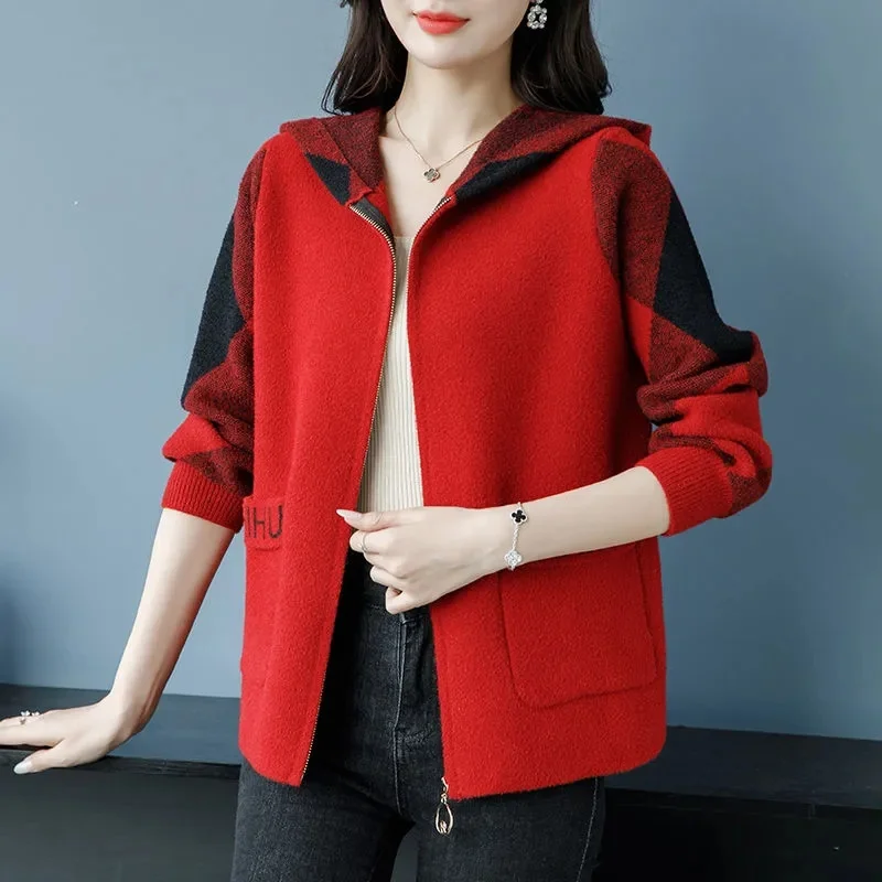 Western-Style 2025Spring Autumn Coat Women High-End Large Size Hooded Jacket Korean Overcoat Middle-Aged Outwear Cardigan Ladies