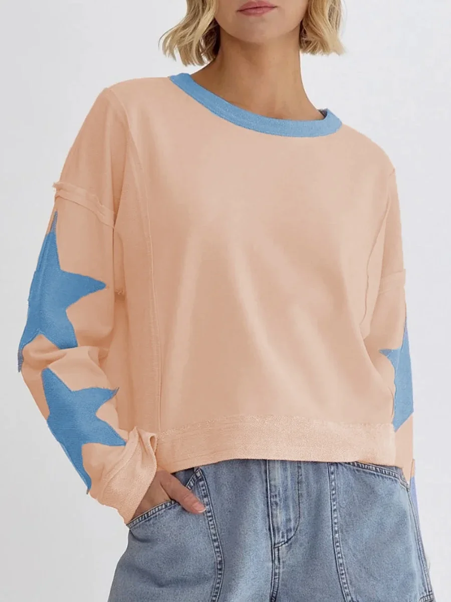 Sudadera deportiva corta para mujer, Jersey holgado de manga larga con cuello redondo, estampado de estrellas, Color bloqueado, Top informal