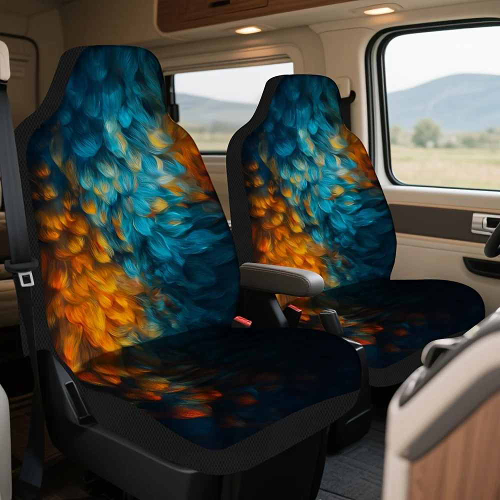 Set Of 2, Car Seat Covers With Fiery Blue Feather Design – Premium Full Set For Two Front Seats, Sturdy And Fashionable Protecto