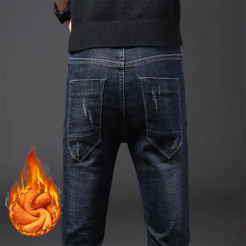 2023 Winter New Casual Male Clothing Fashion Warm Plush Trousers Vintage Men's Black Slim Fitting Jeans Straight Stretch Pants