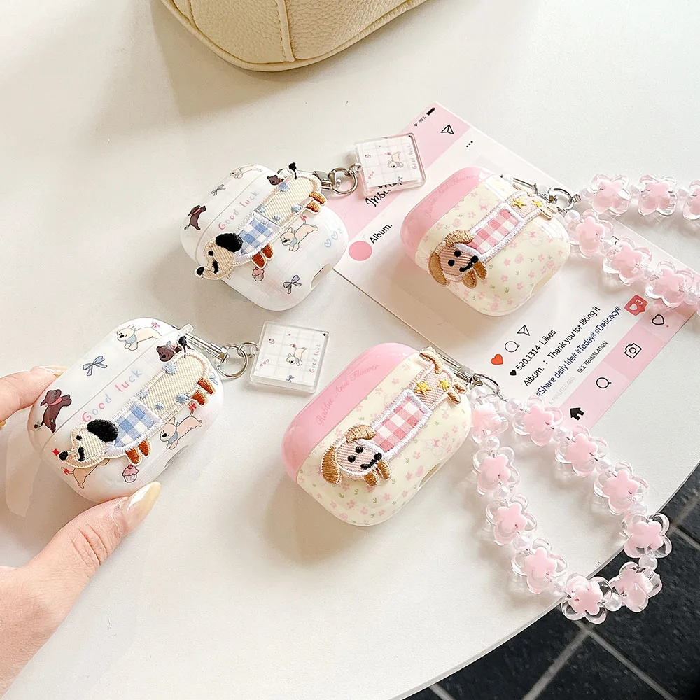 Korea Cute Embroidery Sausage Dog Silicone Earphone Case For AirPods 2 3 Pro 2 Protection Cover With Bracelet Couple Shell Funda