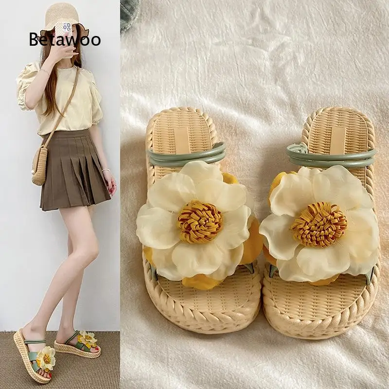 2026 Women Sunflower Decor 4Cm Thick Sole Sandals Mesh Non Slip Summer Beach Vacation Shoes