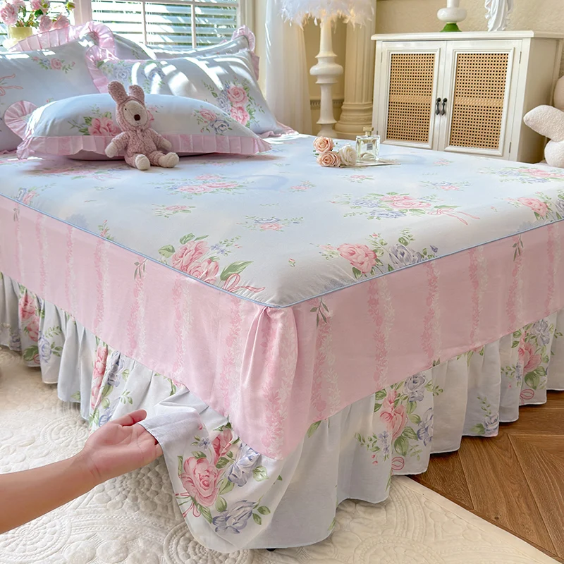 

Покрывало-юбка для кровати из 100% хлопка, размеры Single/Queen/King, с цветочным принтом, удобное, в пасторальном стиле