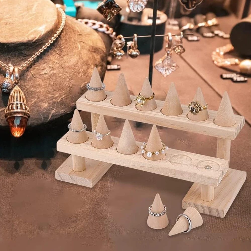 

Ring Display Holder Wood Jewelry Organizer Storage Rack Shelf Jewelry Display Decorative Holder Stand Showcase Gift 2 Tier