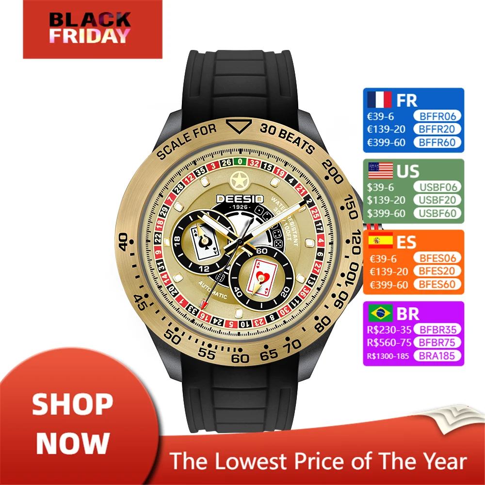 Reloj mecánico Deesio Poker dial para hombre, reloj de pulsera con banda de silicona de acero inoxidable, luminoso, resistente al agua, regalo de Navidad para hombre