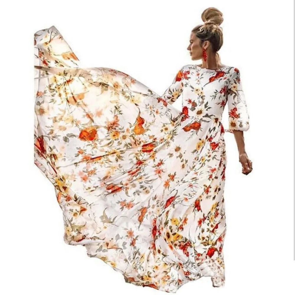 Maxivestido Vintage con estampado Floral para mujer, vestidos elegantes de manga larga con cuello redondo para oficina, primavera y otoño, 2024