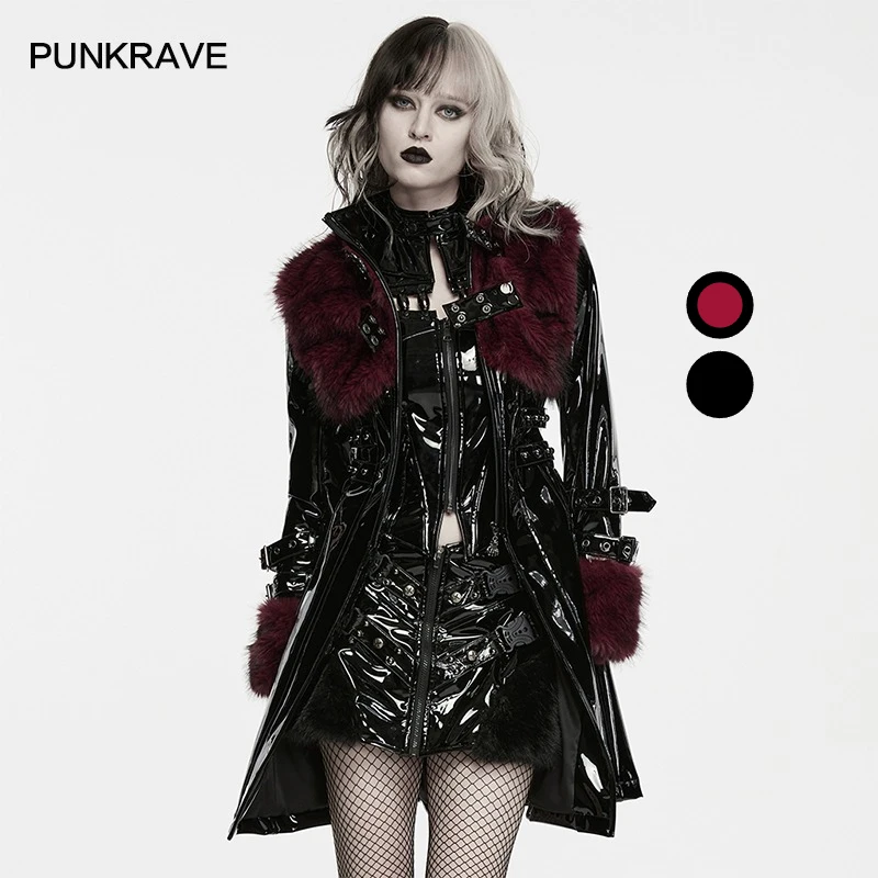 PUNK RAVE Women's Punk Black Patent Leather & Faux Silver Fox Furr Jacket Bondage Hardcore Long A-line Silhouette Warmth Coat
