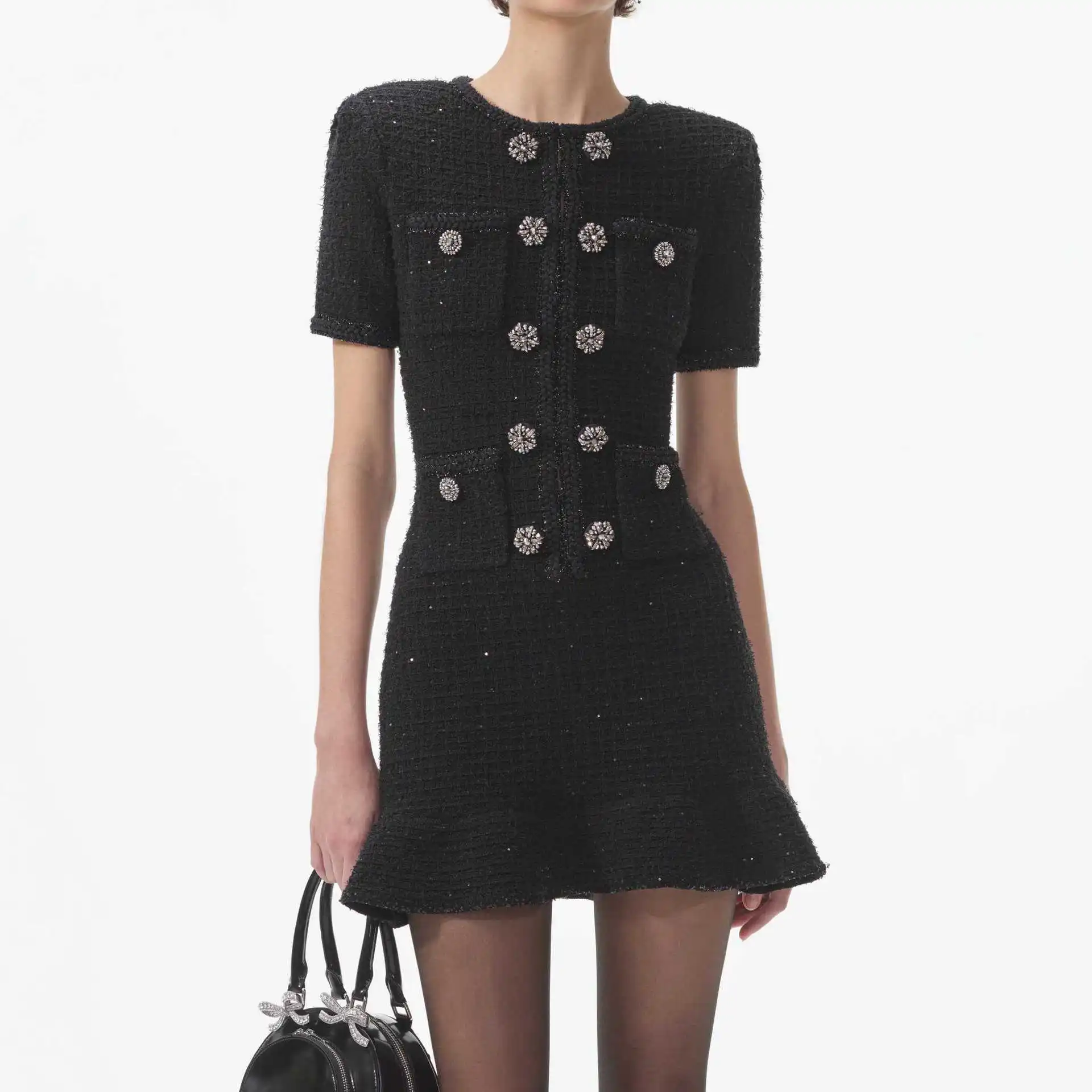 Double Breasted Beading Diamonds Knitting Autumn Winter Dress Women Short Pencil Mini Knitted Luxury Quality Sweater Black Dress