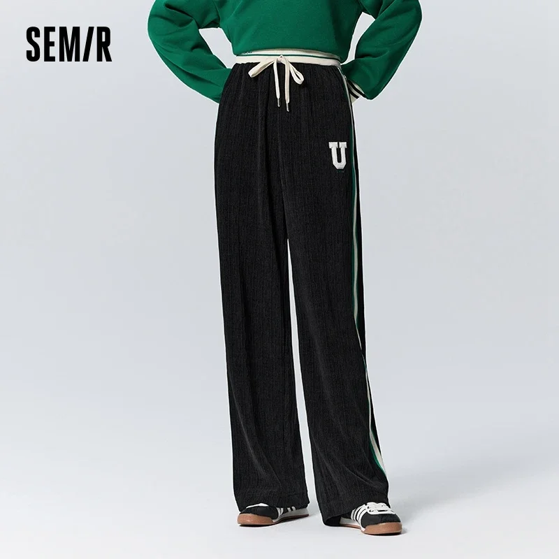 Semir Casual Pants Women Chenille Color Block Wide Leg Pants Niche Winter Sports Style Floor-Mopping Pants