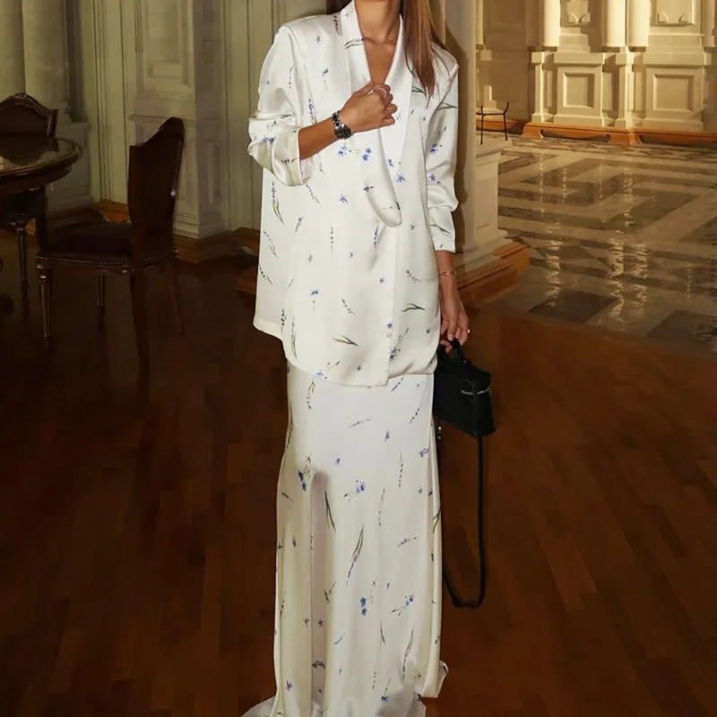 Tuularose Elegant Dress 2 Piece Women Fashion Printed Blazer Luxury Maxi Skirts Set New Commuter Party Evering Dress Set Female