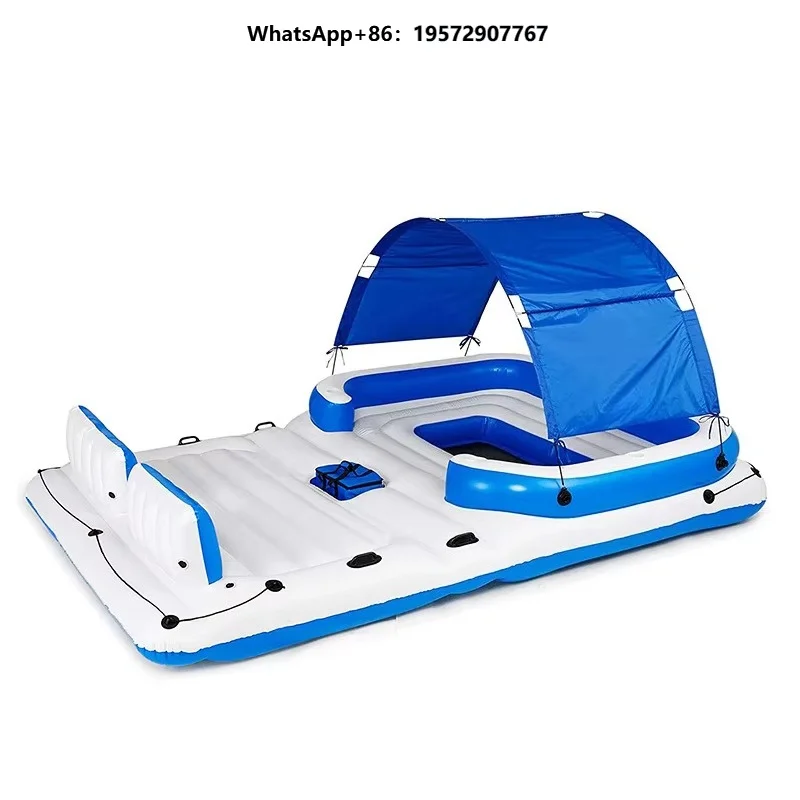 Inflatable Removable Sun Canopy, Large Inflatable Water Lounge Raft with Backrest Cup Holders