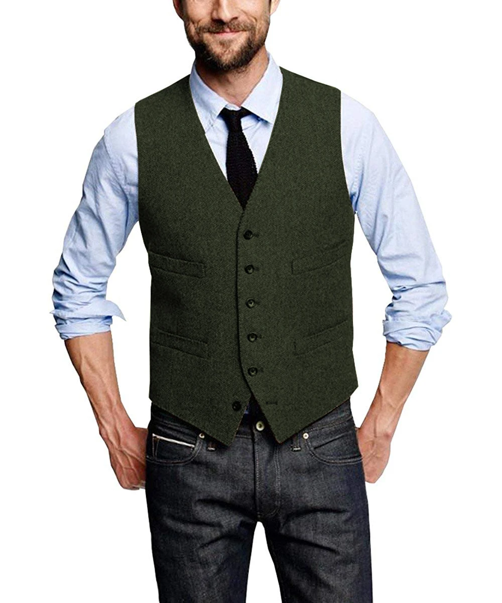 

Herringbone Army Green Men Vest Wool Herringbone Tweed Business Waistcoat Jacket Casual Slim Fit Vests For Groosmen Man Wedding