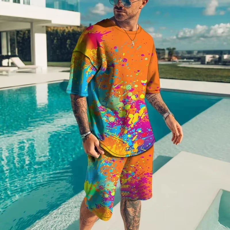 Pakaian Olahraga Pria Modis Set Kaus Cetak 3D Lengan Pendek Pantai Musim Panas Celana Pendek T-shirt Pakaian Jalanan Pakaian Ukuran Longgar Pria
