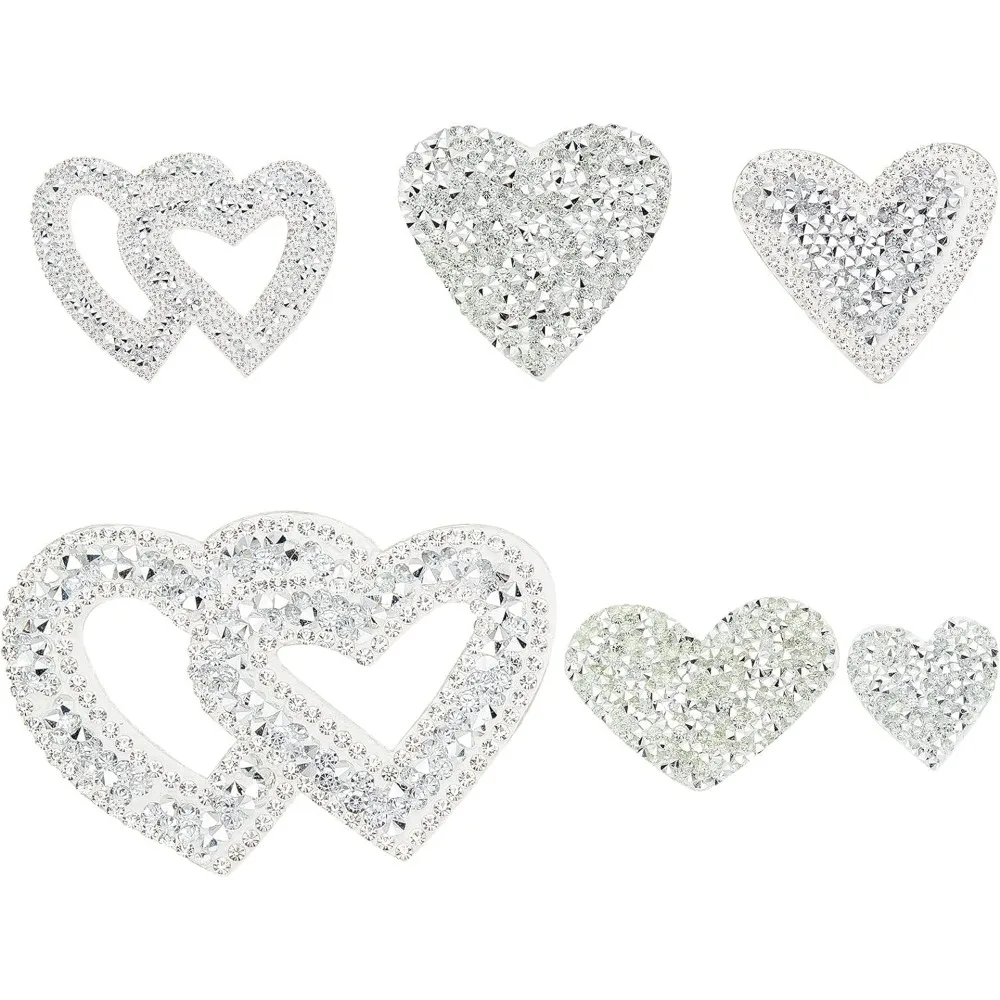 6Pcs Heart Shape Rhinestone Patches Silver Heart Rhinestone Appliques Shinny Heart Shape Crystals Appliques with Container