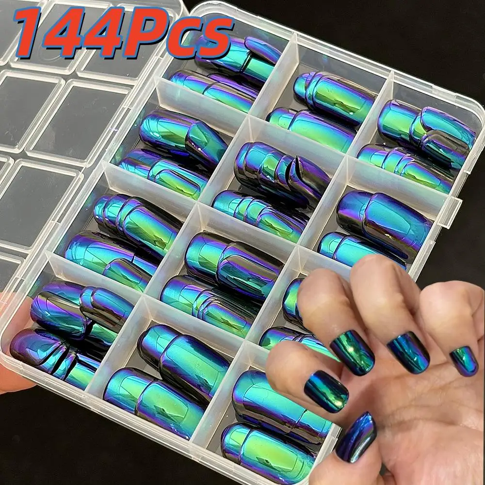 144Pcs Chameleon Chrome Short Round Fake Nails Holographic Plating Press On Nail Metallic Mirror Effect Wearable False Nail Tips