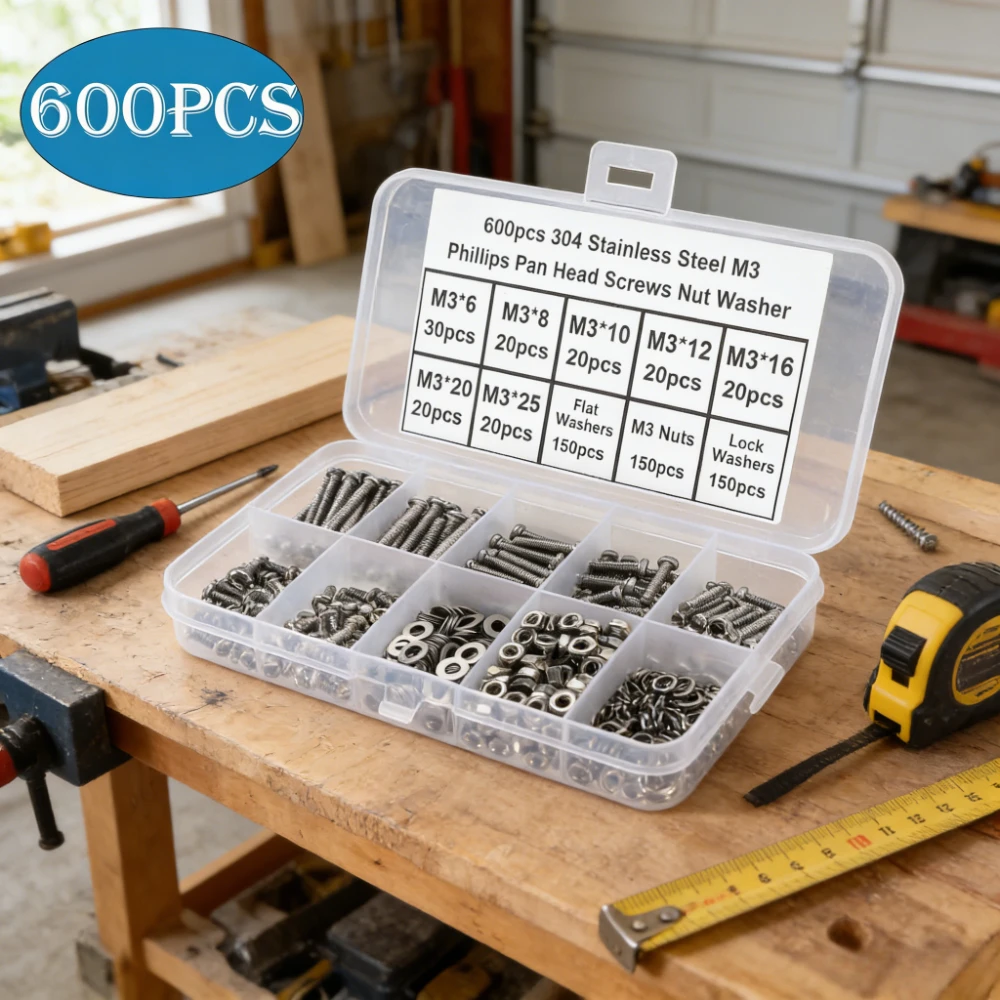 

600Pc M3 screw set M3*/6/8/10/12/16/18/20/25,304 Stainless steel Cross Round Phillips Pan Head Screw Bolt Nut Washer kit for rc