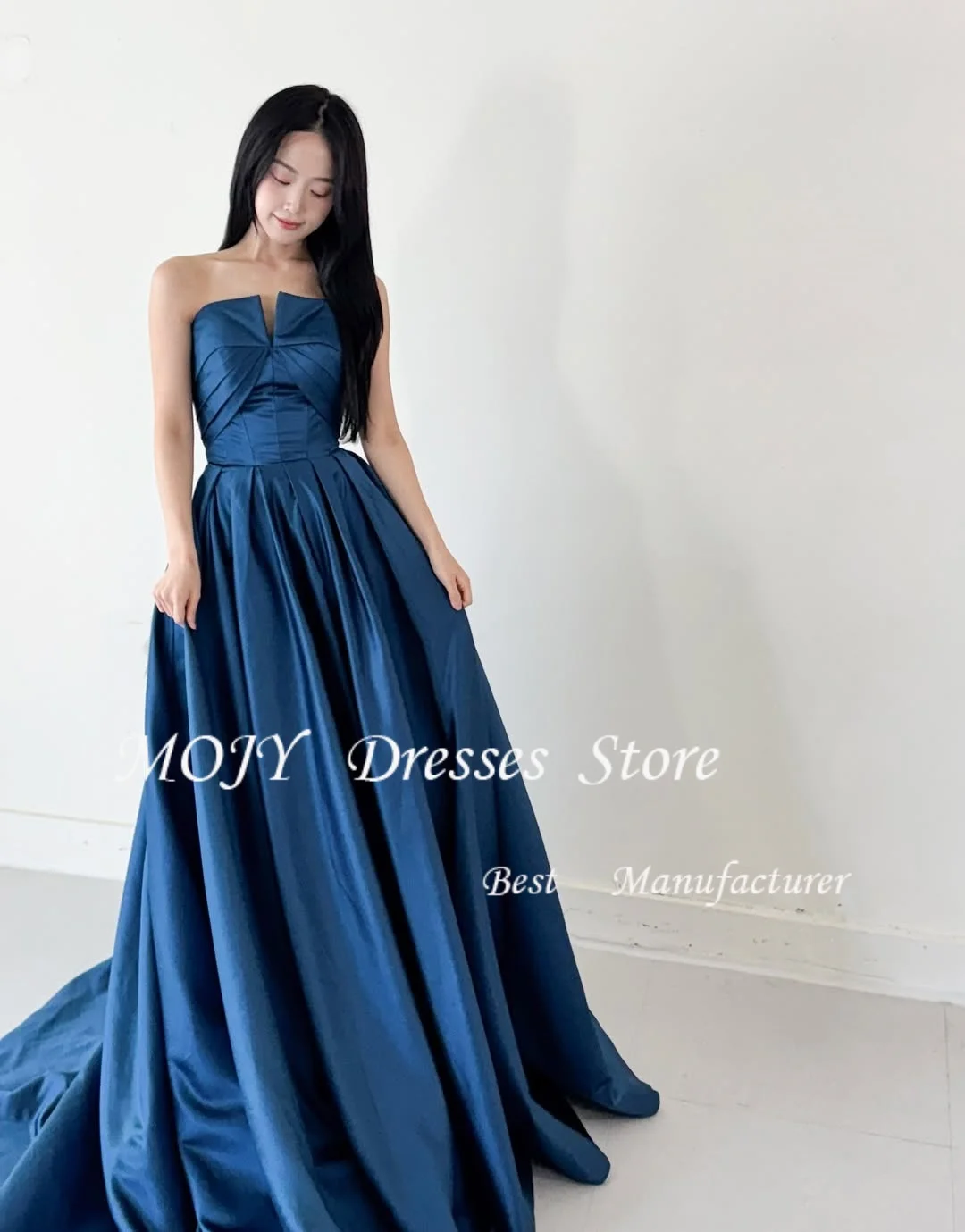 

Mojy Elegant Navy Blue Korea Evening Dress Satin Photo Shoot Wedding Guest Prom Gowns Sweetheart Birthday Formal Occasion Dress