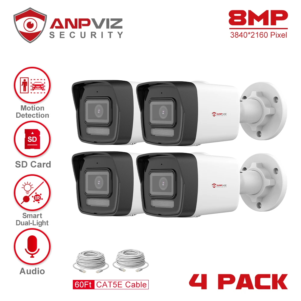 Anpviz 8MP POE IP Bullet Camera Outdoor 4Pcs 24/7 ColorVU 30m CCTV Video Surveillance IP67 SD Card H.265 Audio Motion Detection