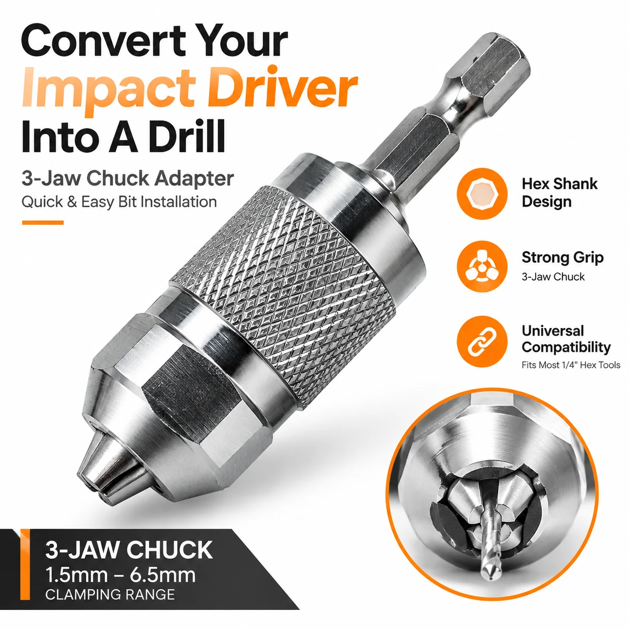 3-Jaw Keyless Drill Chuck Adapter 1.5-6.5mm Hex Shank Quick Change Converter for Electric Drill Woodworking DIY Tools