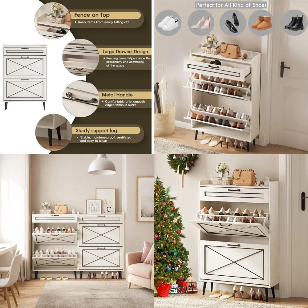 

White Slim Shoe Cabinet with 2 Flip Drawers and 1 Pull Drawer for Entryway Storage