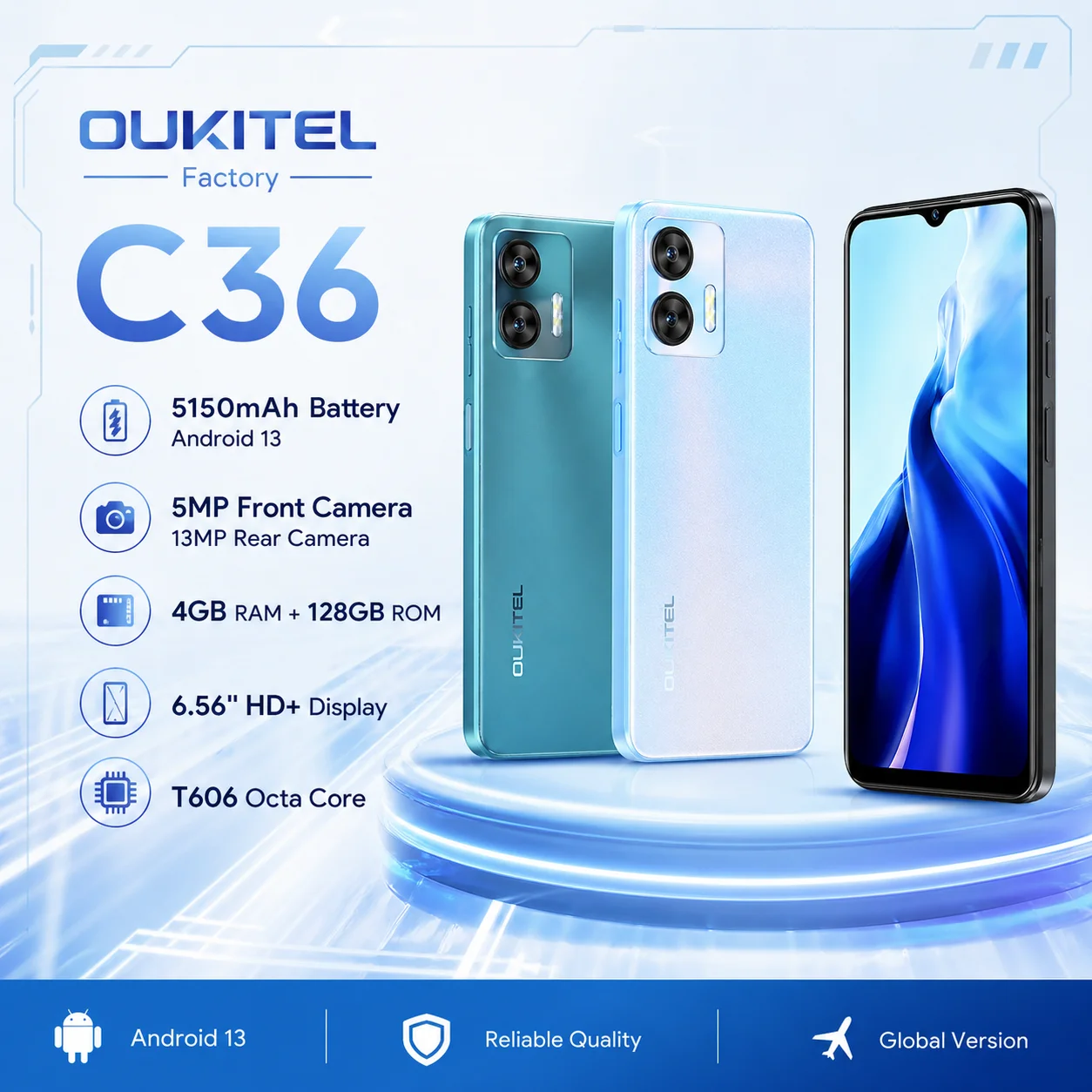 Global version OUKITEL C36 Smartphone Android 13 6.5'' HD+Screen Telephone Portable 4GB+128GB 5150mAh 13MP Octa Core Mobile Phone