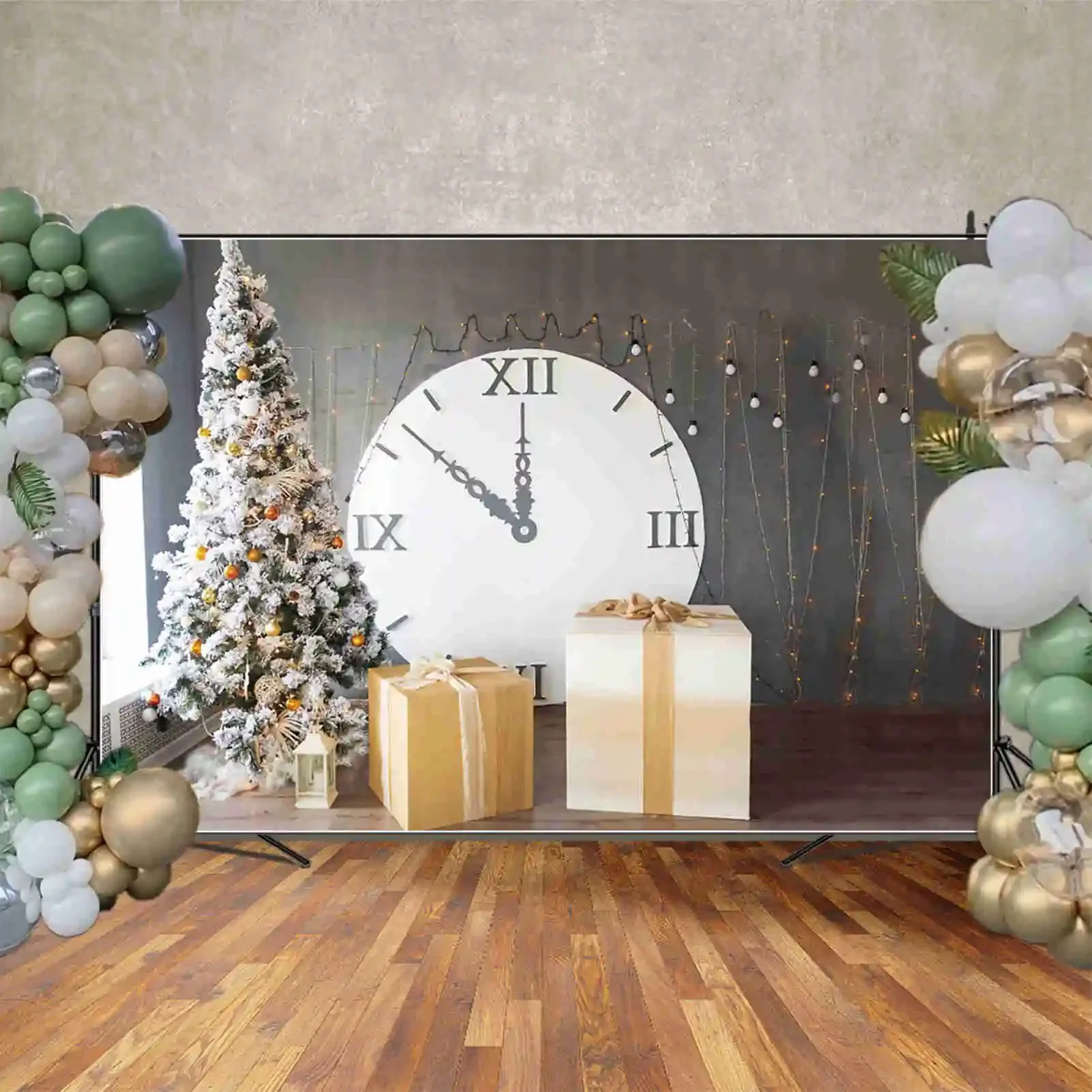 MOON.QG Snowy Christmas Photography Backdrop Clock Gifts Xmas Trees Photozone Background Baby Photo Studio Photocall Supplies