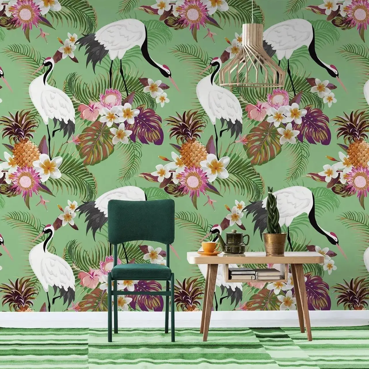 Self Adhesive Animal Green Wallpaper,Tropical Birds and Flowers Peel and Stick Wall Mural For Room Decor,Or Tradition Non-woven