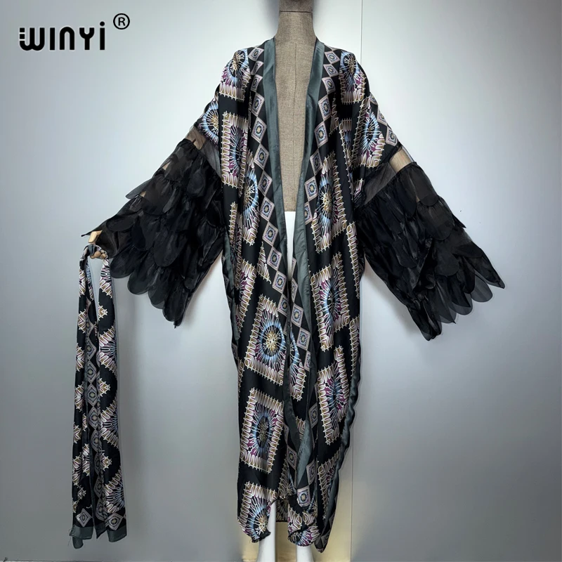 كيمونو نسائي أنيق من WINYI لقضاء العطلات، معطف طويل الأكمام، عباءة دبي فاخرة، ملابس شاطئ، فستان بوهيمي، قفطان للعطلات