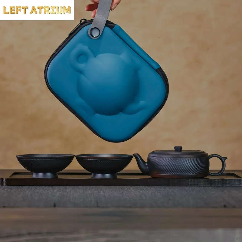 Jianshui clay Hand carving  Kung Fu tea set, one pot, two cups, handmade tea pot, tea cup, outdoor portable set