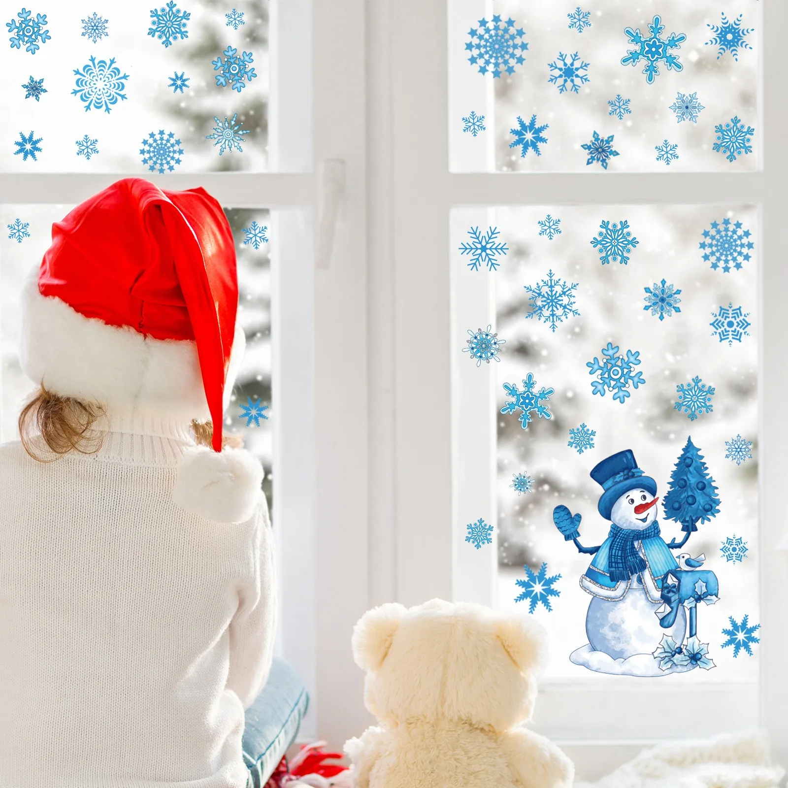 9 pezzi 2024 Nuovo 2d Natale Blu Pupazzo di neve Fiocco di neve Adesivi per finestre statiche Vetro per finestre Decorazione natalizia