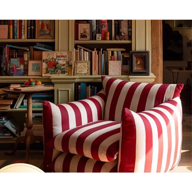 American blue and white striped single sofa red linen small apartment living room armchair zebra pattern puff sofa
