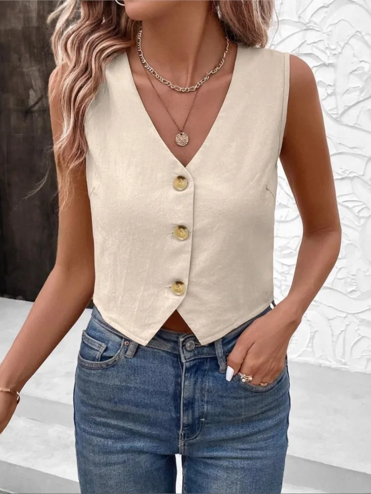

Solid Suit Vest Tops Lady Fashion Casual Sleeveless V Neck Button Vests Tops For Women Elegant Office Womens Clothing Summer New