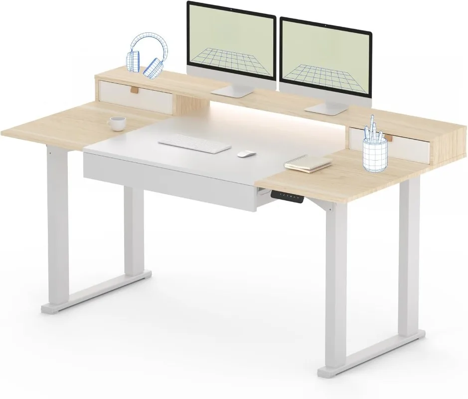 

4-Leg Standing Desk with Storage 71x32 in Electric Adjustable Height with 3 Drawers & Shelving Home Office Workstation
