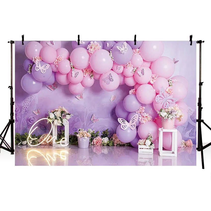 Mehofond Photography Background Purple Balloons Butterfly Wonderland Girl Birthday Party Cake Smash Decor Photo Backdrop Studio