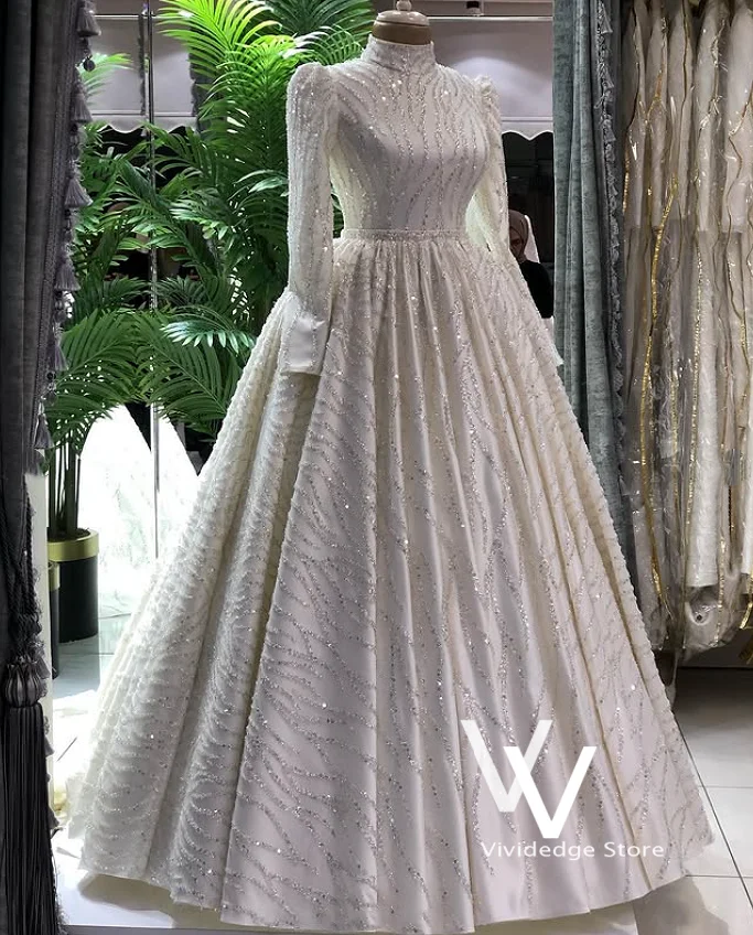 Luxury Sequin Beaded Bridal Dress Dubai Arabic for Bride High Neck A-Line Muslim Wedding Gown Customized Robes De Mariée