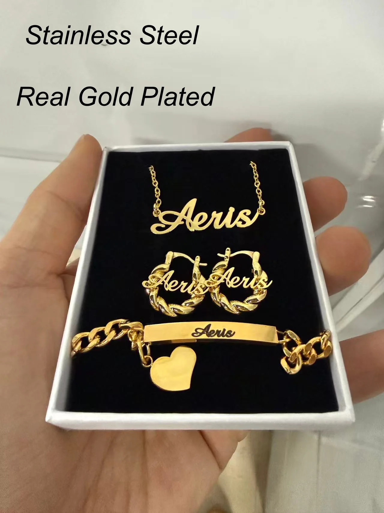 Customized Name Kids Jewelry Set Stainless Steel Necklace Bracelet And Mini Earrings - Personalized Gift for Teens And Adults