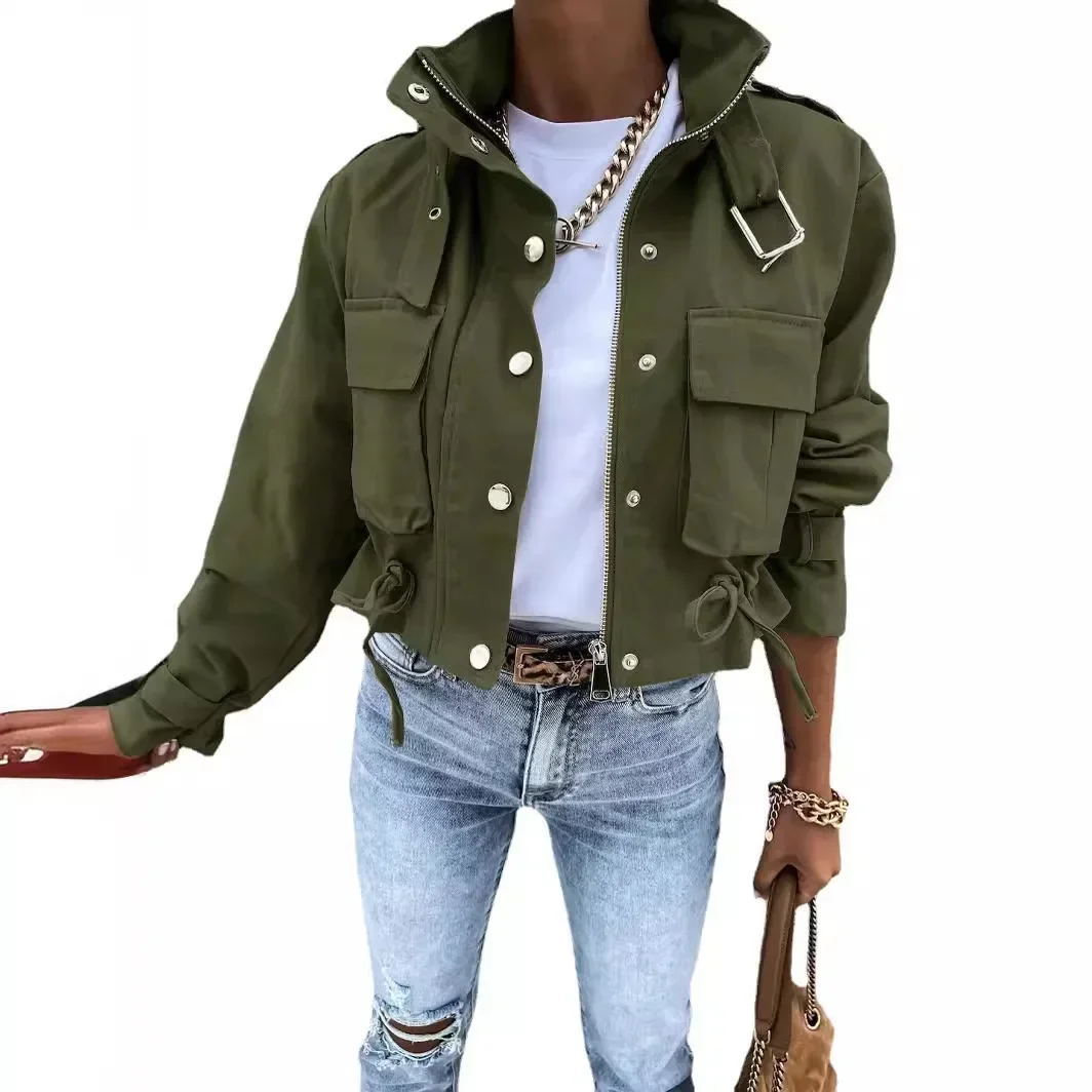 streetwear Jacket Women Autumn Female Coat Top Solid Color Casual Single Breasted Lace Up Pockets Zipper Outerwear