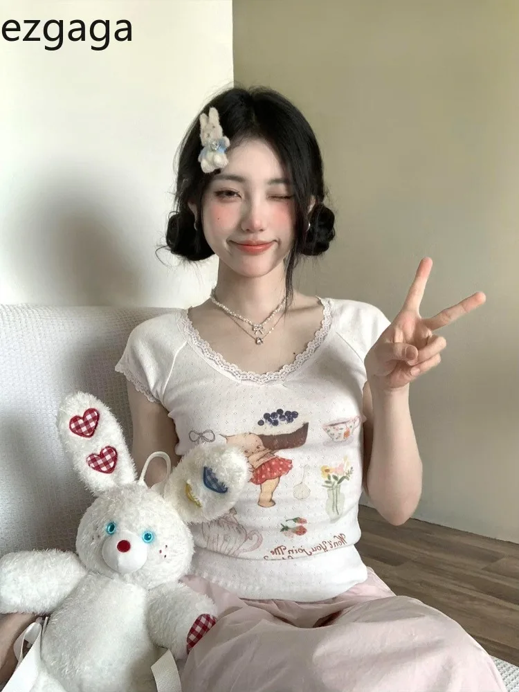 

Ezgaga Women T Shirts Lace Patchwork Sweet Slim Sexy V Neck Summer Fashion 2025 Cartoon Printed Funny Female Casual Tshirt