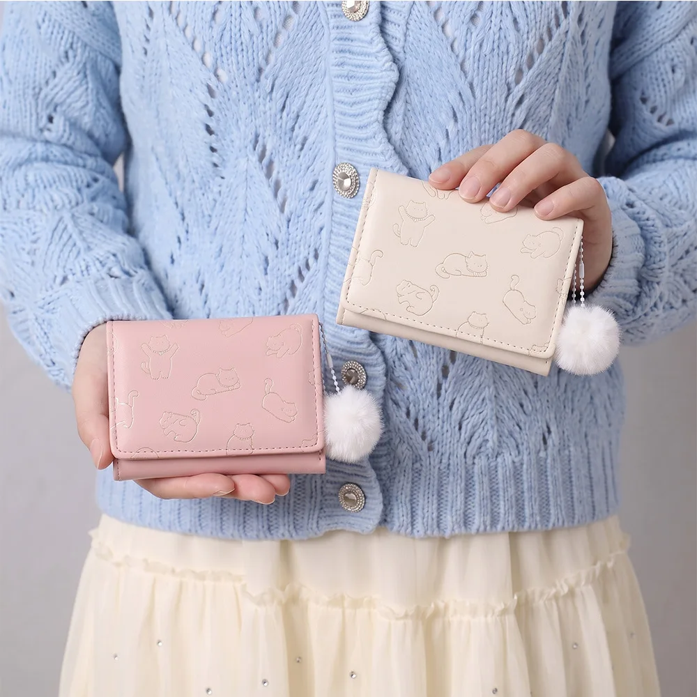 Cute Cat Print Short Wallet For Women PU Leather Small Card Holder Bifold Purse Ladies Zipper Coin Pocket Money Bag