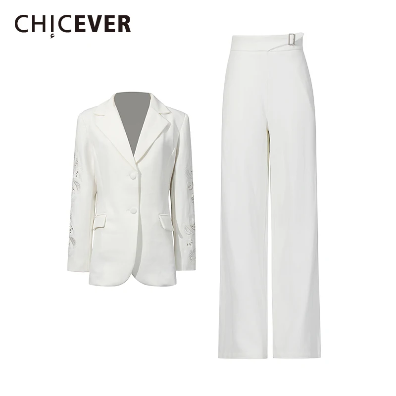 

CHICEVER Solid Spliced Hollow Out Two Piece Set Female Lapel Long Sleeve Jacket Office Lady Slimming Women's Skirt Sets Fashion