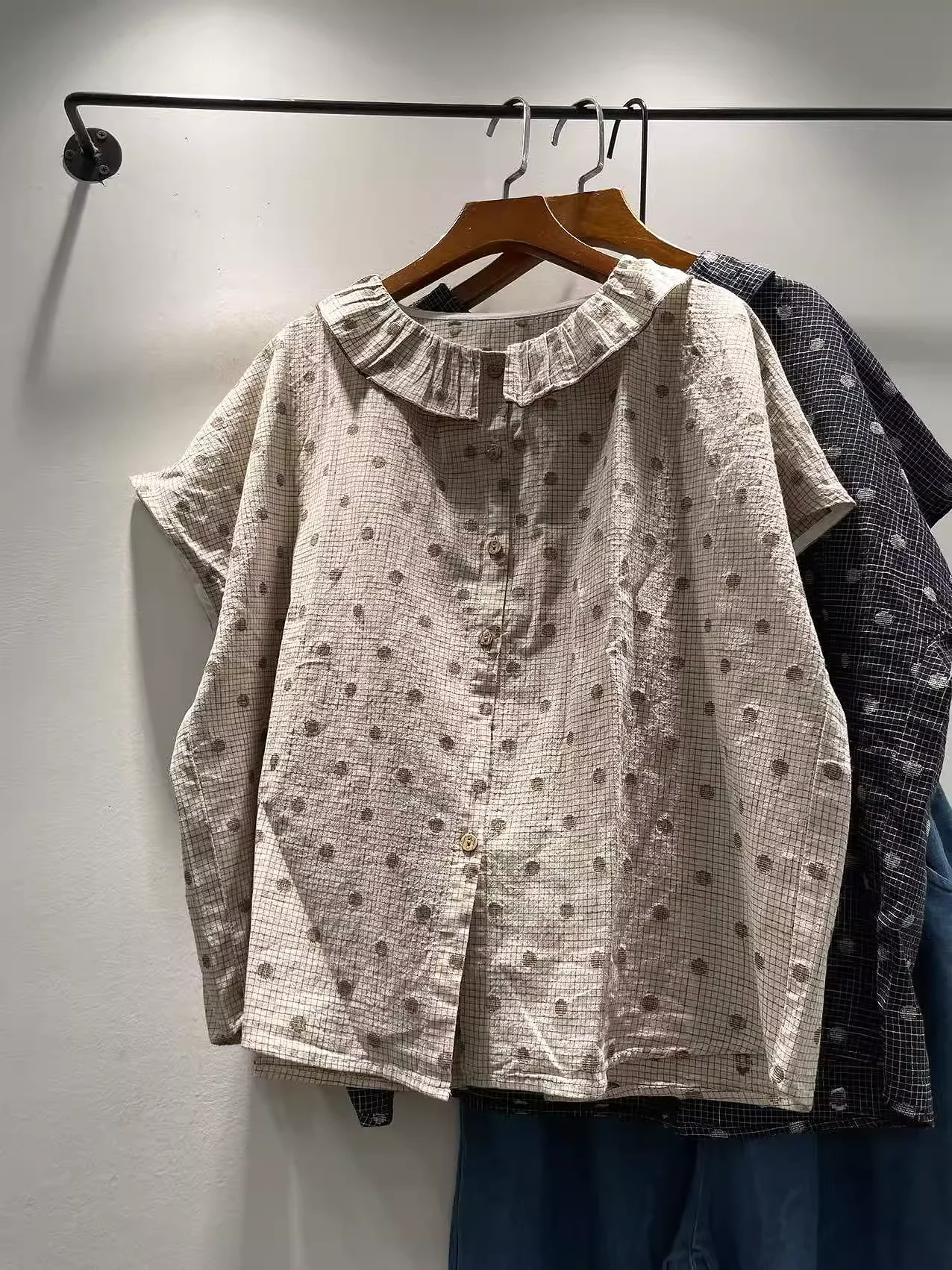 

Bust 128cm Large size tops mori girl Japanese style vintage cotton polka dot shirts short sleeve blouses for women tops