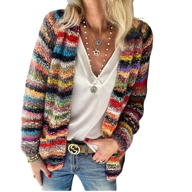 Casual Fashion Long Sleeve Loose Knitwear Outwear Spring Autumn Rainbow Knitted Cardigan Sweater Top for Women 2023