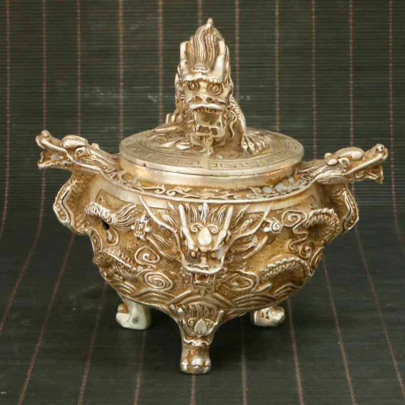 

Chinese Exquisite Silver Copper Handmade Dragon Incense Burners Statue