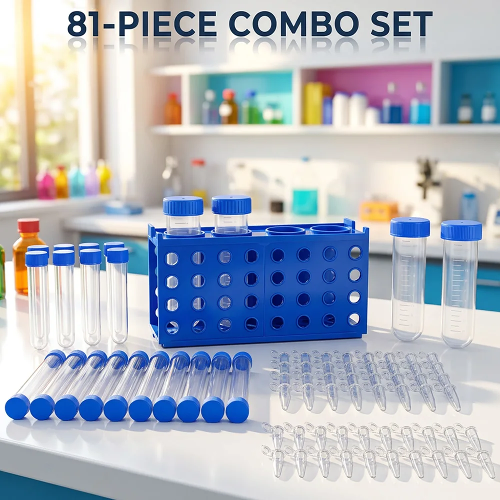 Multifunctional Four-Sided Detachable Centrifuge Tube Rack Set, Complete Set of Laboratory Sampling Specimen Tubes, 50ml Screw-Cap Centrifuge Tubes, 10ml Test Tubes, 1.5ml Cryogenic Tubes with Caps, 0.5ml Microcentrifuge Tubes, Research Experiment Consumables, Available in Blue and Pink Colors