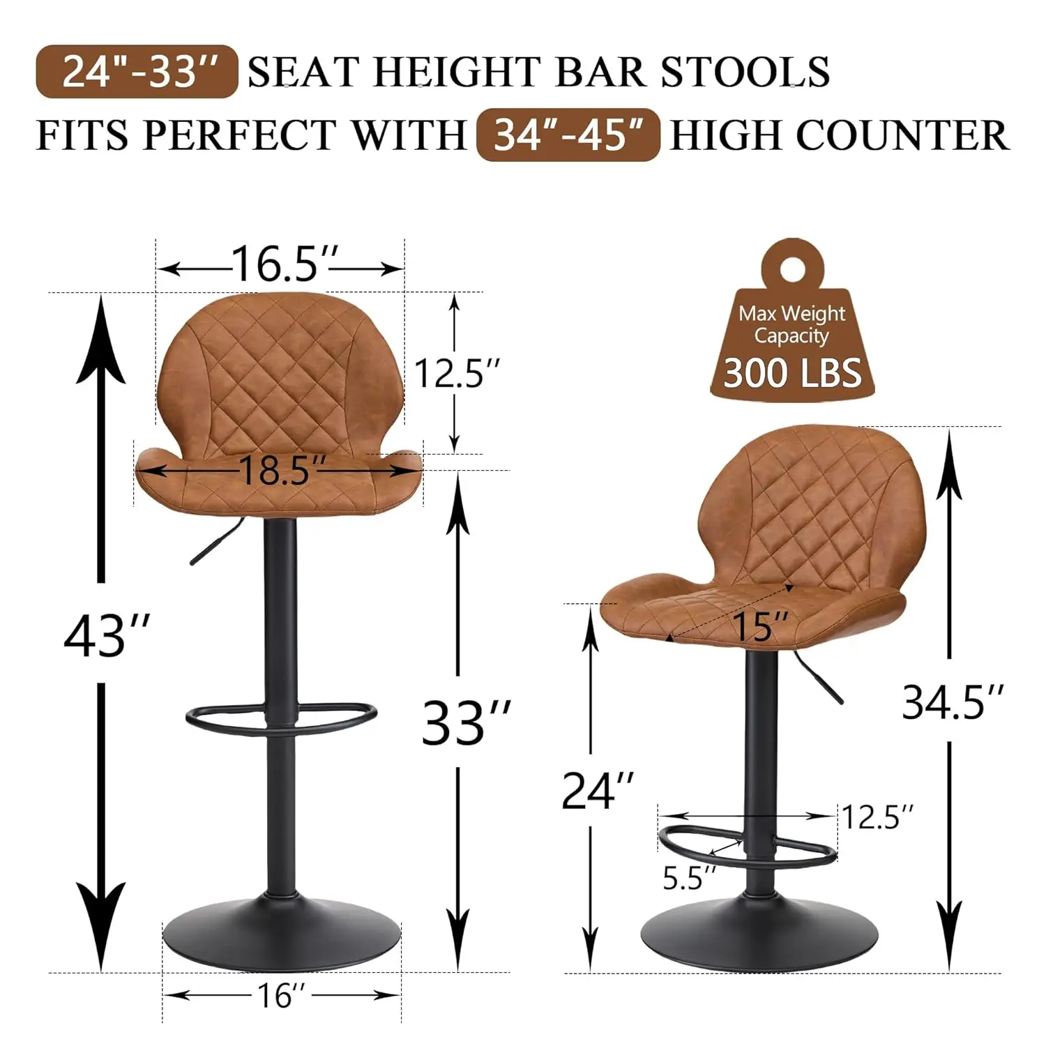 Juego de 3 taburetes de bar, taburetes de bar giratorios marrones con respaldo, taburetes de bar ajustables de 24 a 33 pulgadas, taburetes tapizados en piel sintética, personalizados